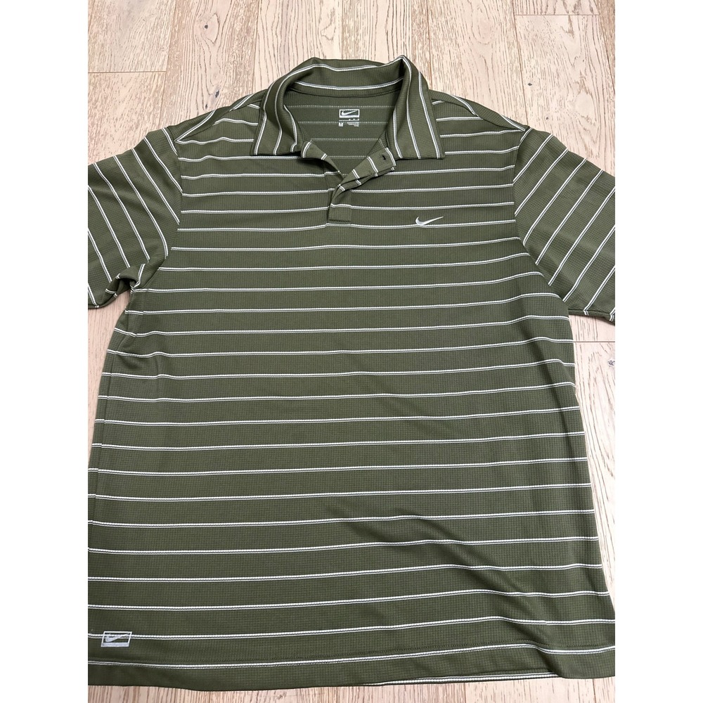 Nike Performance Mens Golf Polo Shirt Olive Green Striped Short Sleeve Size M